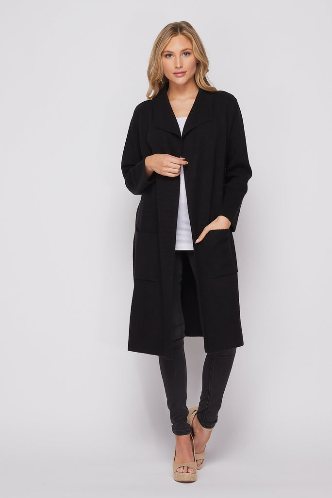 Long Knit Collared Cardigan In Black-KNIT COAT