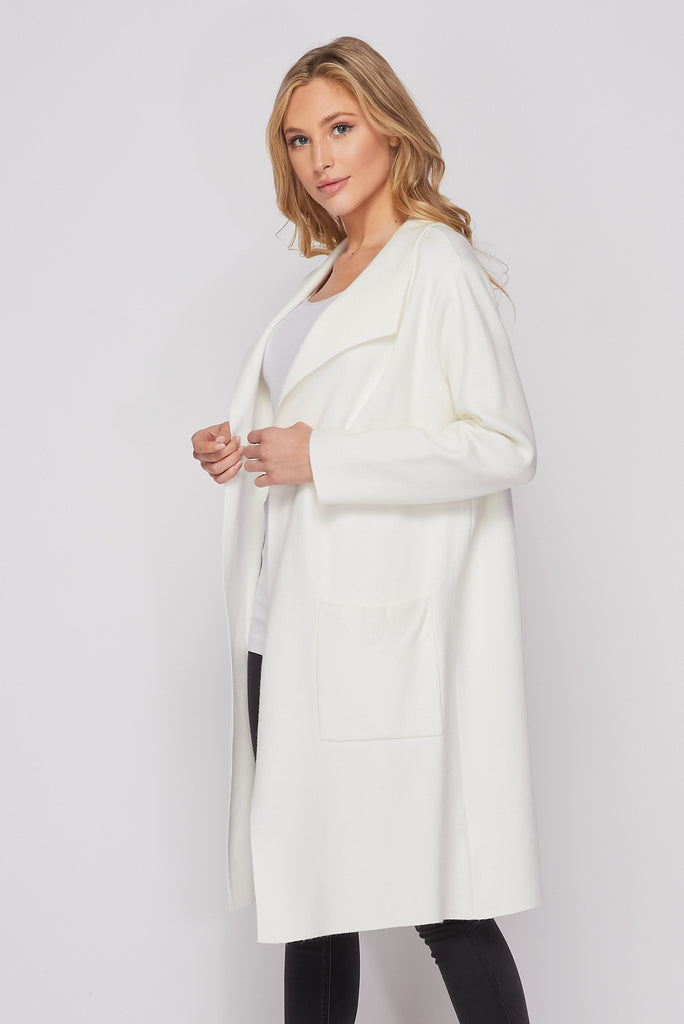 Long Knit Collared Cardigan In Ivory