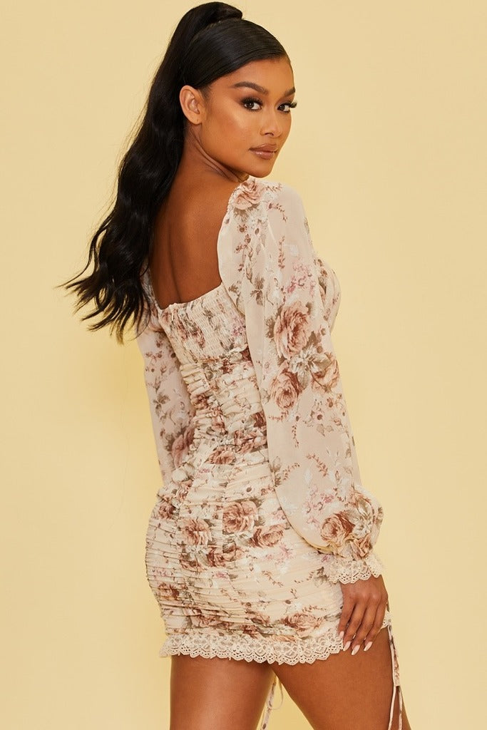 Floral Ruched Drawstring Mini Dress in Ivory
