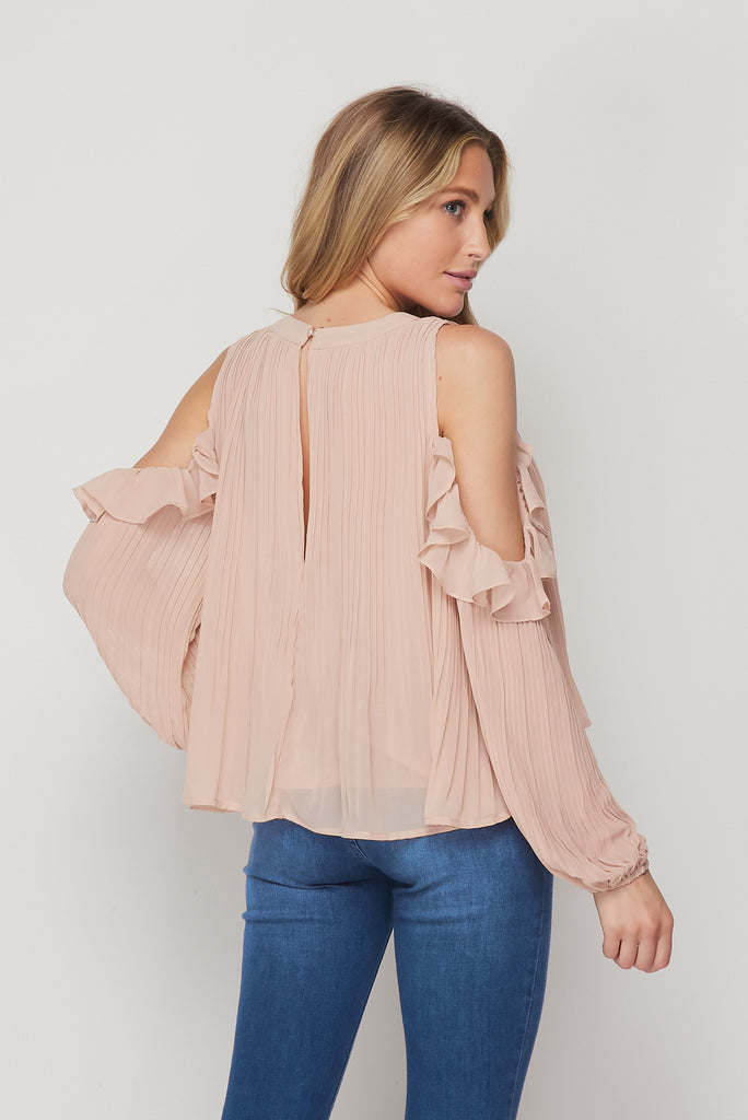 Pleated Cold Shoulder Blouse In Dusty Rose