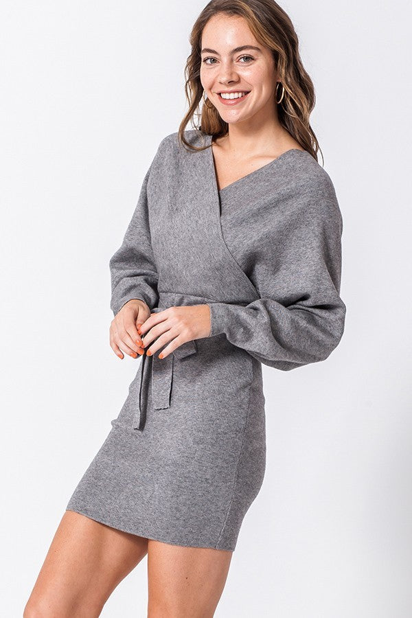 Dolman Sleeve Knit Sweater Dress In Heather Grey-DRESS
