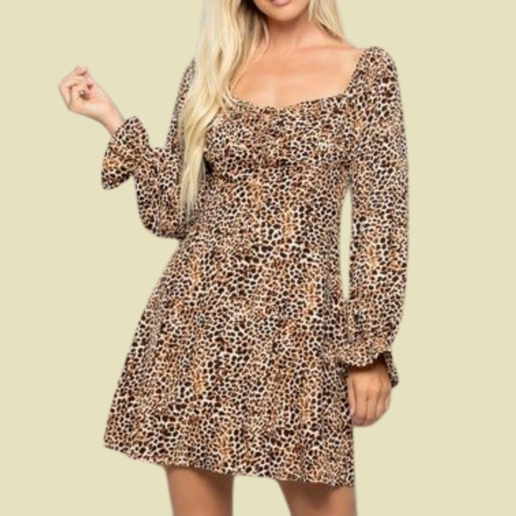 Long Sleeve Leopard Mini Dress In Brown