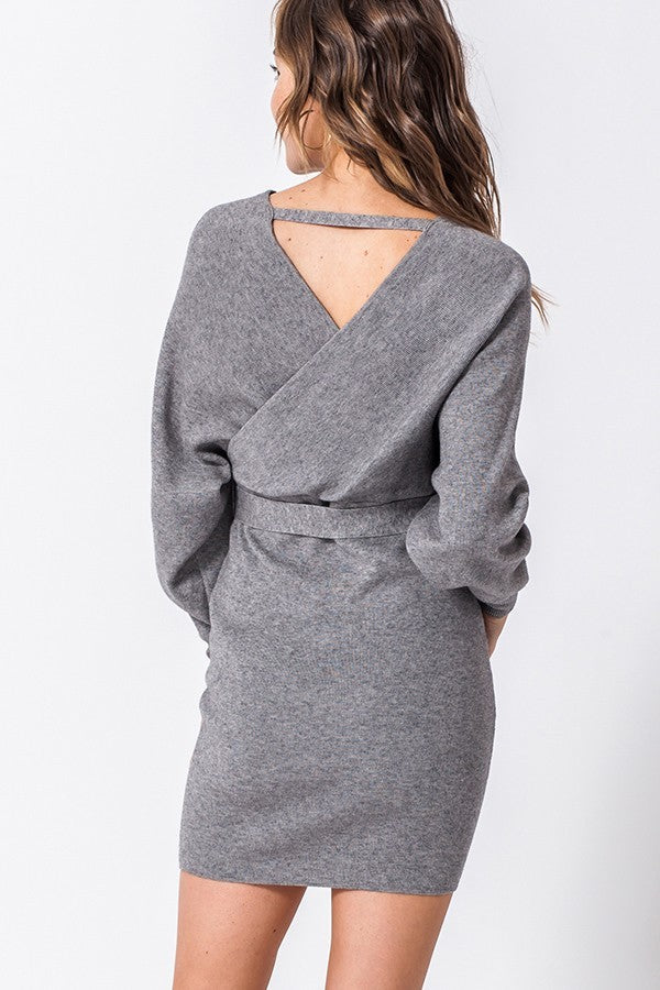 Dolman Sleeve Knit Sweater Dress In Heather Grey-DRESS