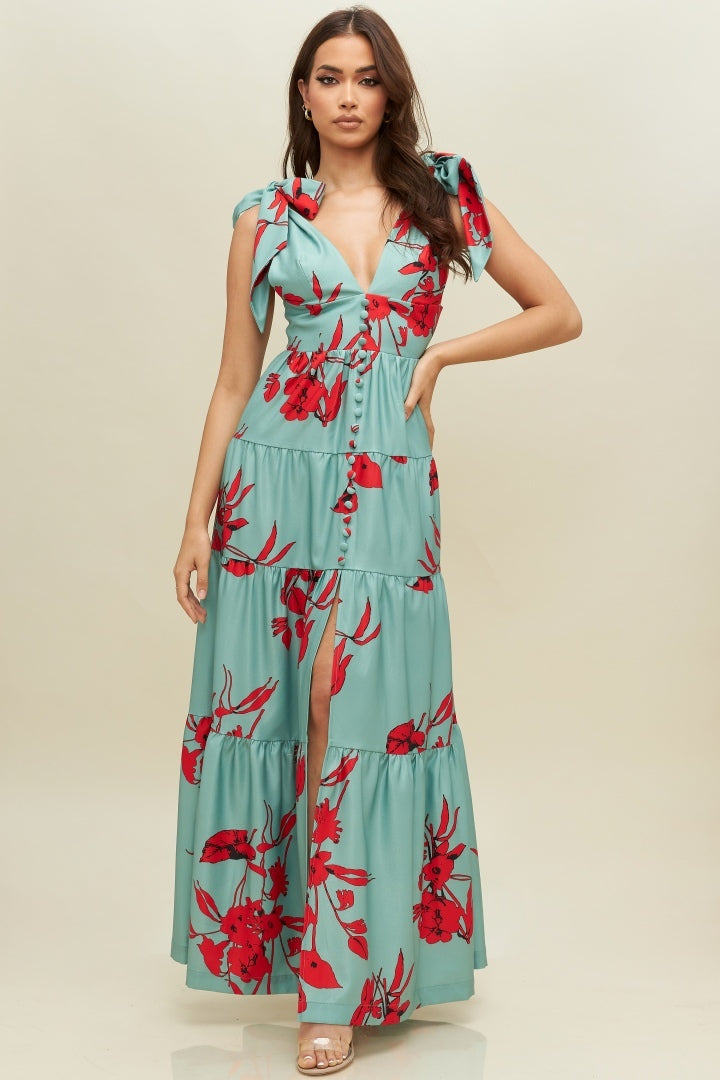 Tie-Strap Tiered Floral Maxi Dress in Sage Red