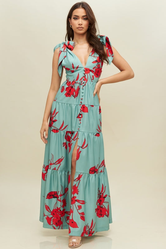 Tie-Strap Tiered Floral Maxi Dress in Sage Red-DRESS