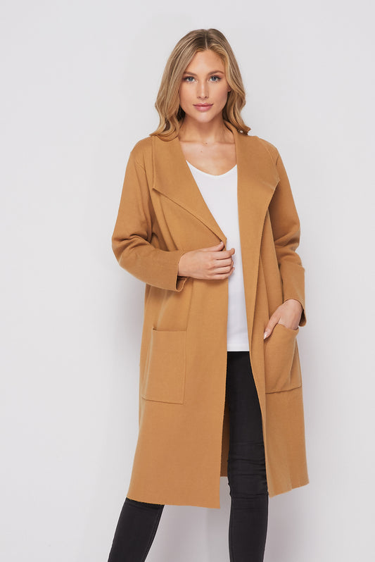 Long Knit Collared Cardigan In Camel