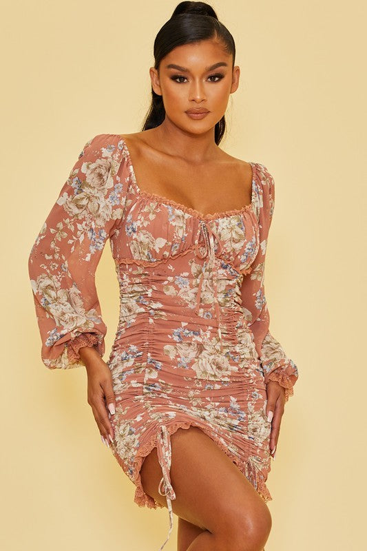 Floral Ruched Drawstring Mini Dress in Blush-DRESS