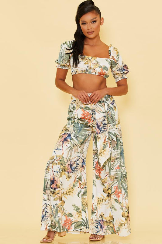 Tropical Print Crop Top and Wide Leg Pants Set in White-JUMPSUIT