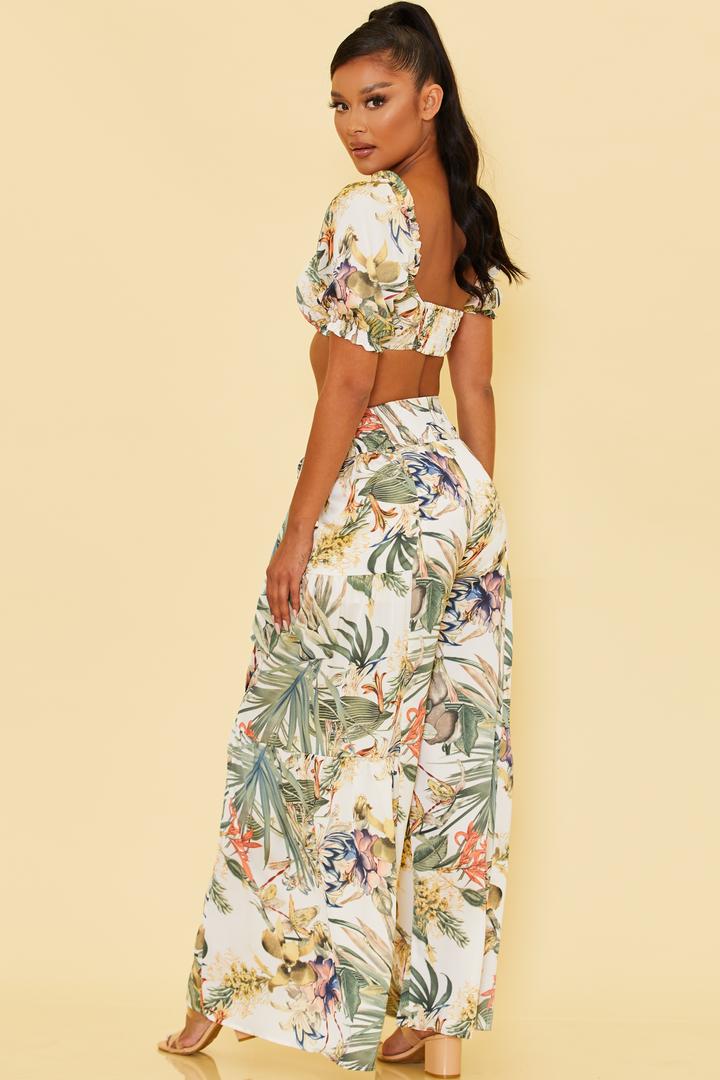 Tropical Print Crop Top and Wide Leg Pants Set in White-JUMPSUIT