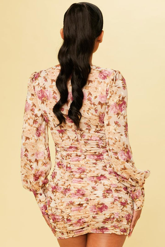 Floral Ruched Mini Dress in Ivory Mauve-DRESS