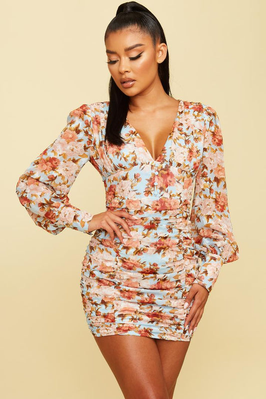 Floral Ruched Mini Dress in Light Blue-DRESS