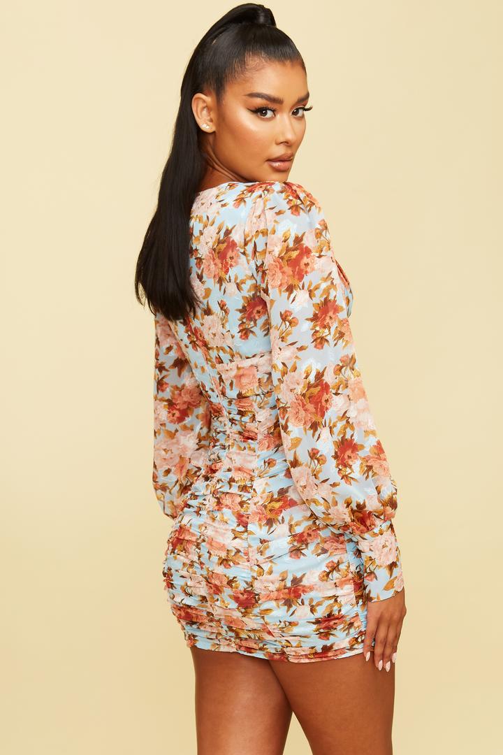Floral Ruched Mini Dress in Light Blue-DRESS