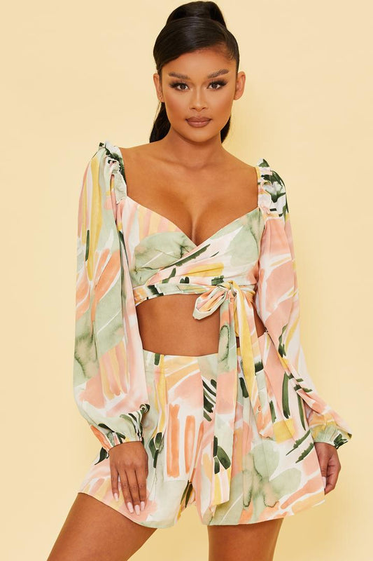 Abstract Print Crop Top and Shorts Set in Pink Mint-TOP SHORT SET