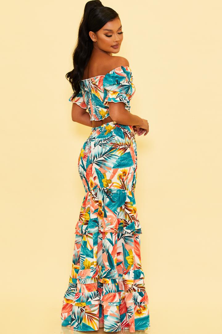 Tropical Print Crop Top and Skirt Set in White
