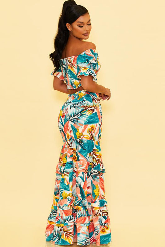 Tropical Print Crop Top and Skirt Set in White-TOP SKIRT SET