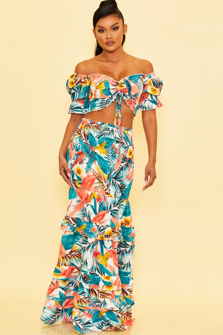 Tropical Print Crop Top and Skirt Set in White