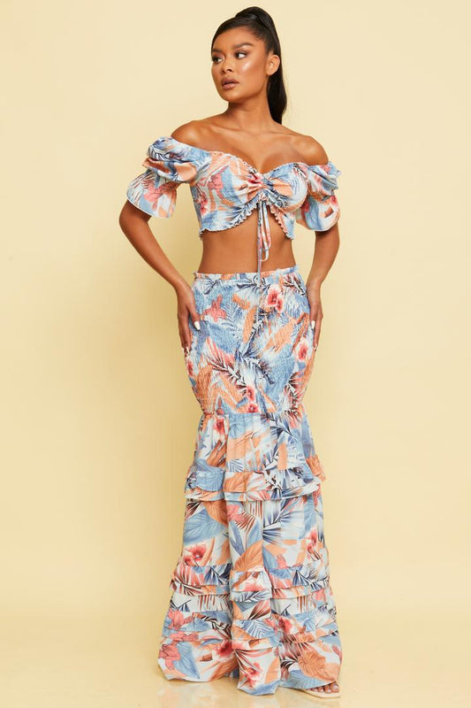 Tropical Print Crop Top and Skirt Set in Light Blue-TOP SKIRT SET