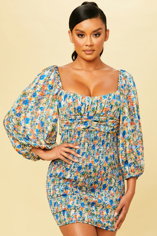 Smocked Mini Dress in Blue-DRESS