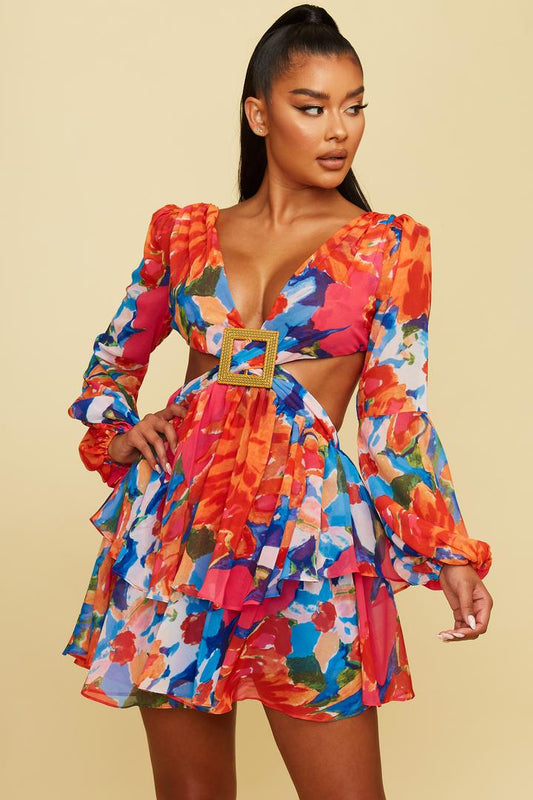 Lace-Up Floral Print Mini Dress in Orange Blue-DRESS