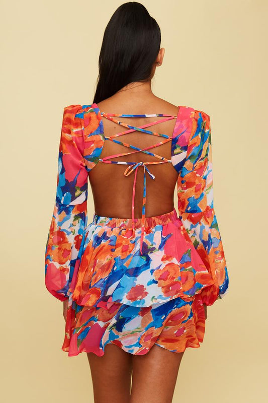 Lace-Up Floral Print Mini Dress in Orange Blue-DRESS